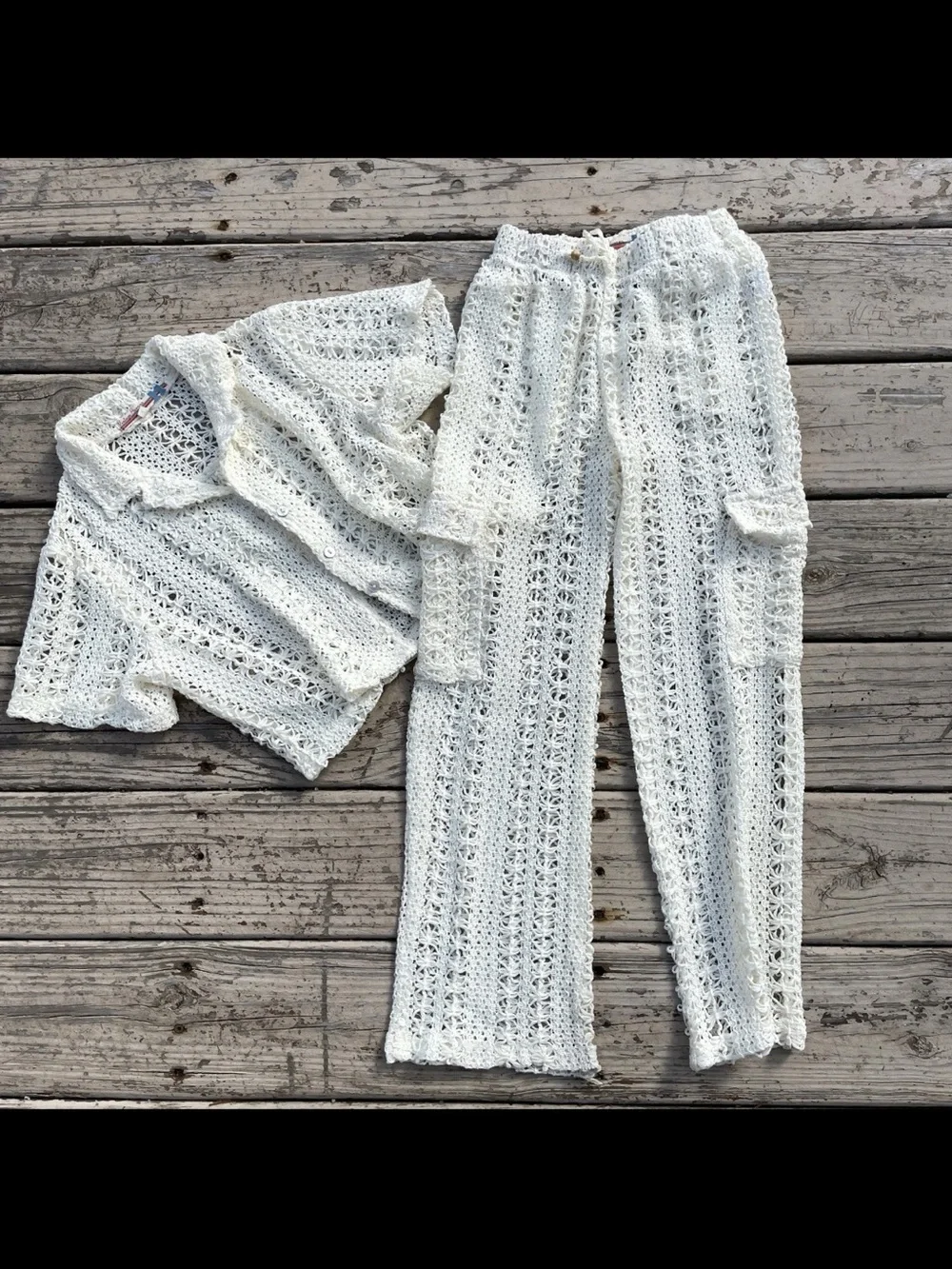Vintage Havana Kids Off/White Crochet Wide-Leg Matching Set